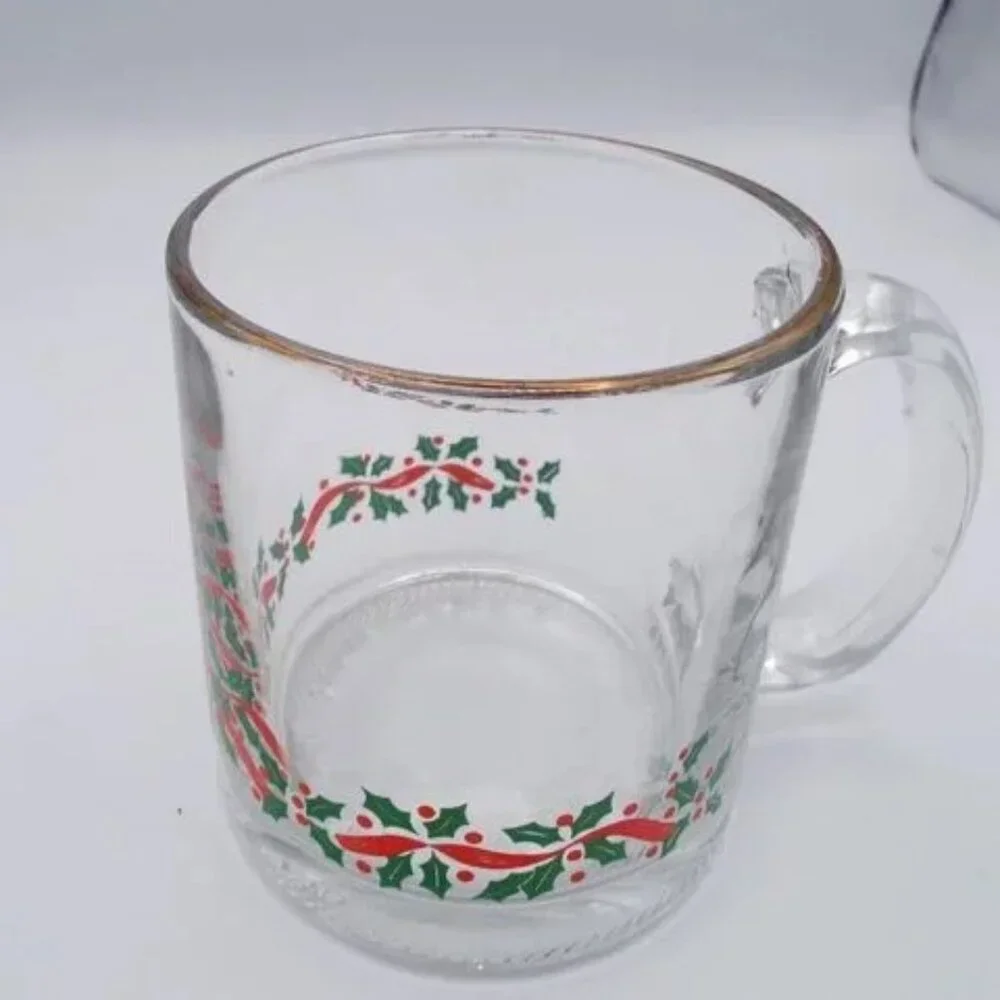 Set Of 4 Vtg Libbey Arby's Glass Coffee Cocoa Mugs Christmas Holly Red Ribbon